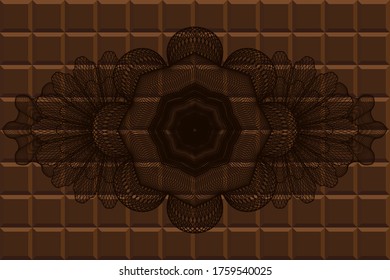 Linear currency chocolate bar realistic emblem. Brown handsome background. Intense illustration. 