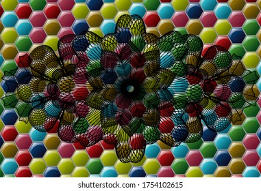Moneda lineal Colorful caramelos emblema multicolor realista. Hexagon de fondo de moda. Ilustración vectorial. 