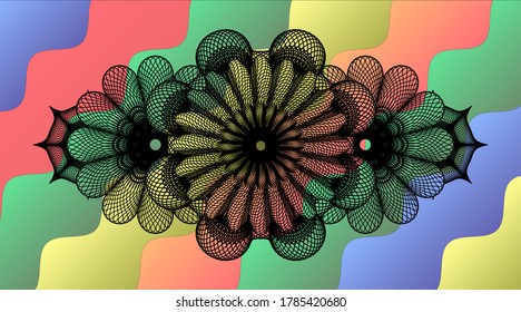 Linear currency Colorful candy multicolored realistic badge. Curvy fancy background. Intense illustration. 