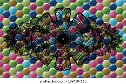 Linear currency Colorful candy multicolored emblem.Hexagon fashionable background. Intense illustration. 