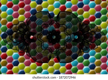 Linear currency Colorful emblem. Hexagon fancy background. Illustration. 