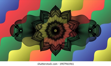 Linear currency Colorful multicolored emblem.Curvy chic background. Intense illustration. 