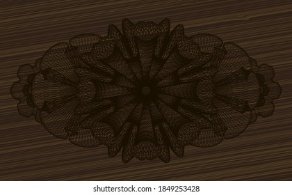 Linear currency dark wooden realistic badge. Brown graceful background. Vector illustration. 