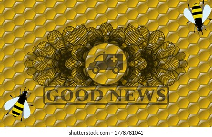 Linear currency decoration Ambulance icon and Good News text honey emblem. beekeeping handsome background. Vector illustration. 
