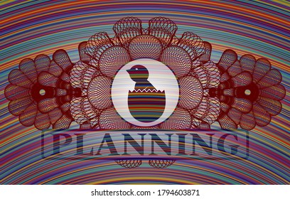 Linear currency decoration baby chick coming out of the egg icon and Planning text colorful emblem. Showy classic background. Intense illustration. 