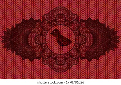 Linear currency decoration baby chicken icon inside Red wool emblem. Cloth handsome background. Artistic illustration. 