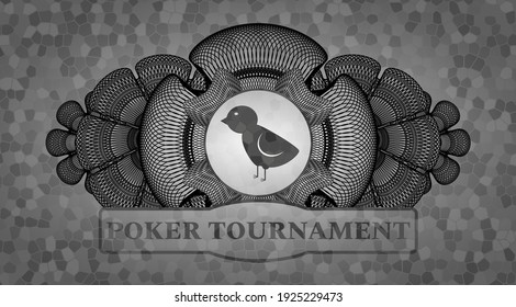 Linear Currency Decoration Baby Chicken Icon And POKER TOURNAMENT Text Grey Color Stone Wall Realistic Emblem. Rock Classic Background. Intense Illustration. 