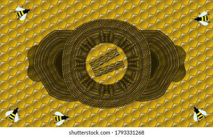 Linear currency decoration bacon icon inside honey bees realistic emblem. beekeeping fashionable background. Illustration. 