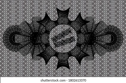 Linear currency decoration bacon icon inside black abstract emblem. Pattern delicate background. Intense illustration. 