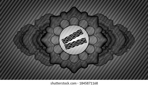 Linear currency decoration bacon icon inside carbon fiber dark realistic badge. Polymer texture graceful background. Intense illustration. 