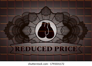 Linear currency decoration boxing gloves icon and Reduced price text chocolate bar realistic emblem. Brown chic background. Vector illustration. 