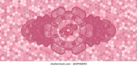 Linear currency decoration champignon icon inside pink color tile mosaic style pattern realistic badge. Geometric hexagon chic background. Vector illustration. 