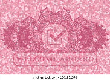 Marcado icono de la casilla de verificación de la decoración de moneda lineal y BIENVENIDA BARRIO de texto mosaico de mosaico rosa icono de mosaico de mosaico de tejas rosadas, insignia realista. Fondo delicado de hexágono geométrico. Ilustración. 