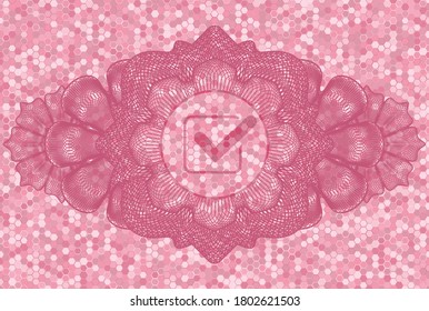 Linear currency decoration checked checkbox icon inside pink color tiles mosaic style realistic badge. Geometric hexagon chic background. Vector illustration. 