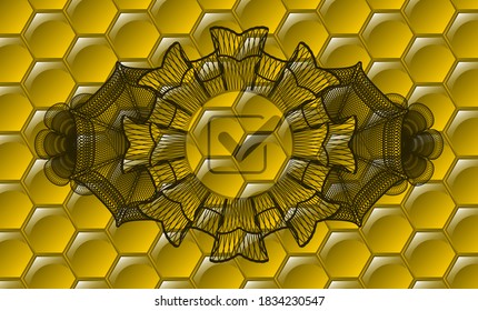 Icono de casilla de verificación de la decoración de moneda lineal dentro de la insignia de miel. la apicultura de fondo delicado. Ilustración intensa. 