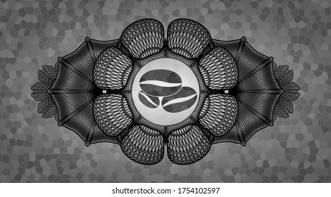 Linear currency decoration coffee beans icon inside grey stone wall badge. Rock fancy background. Intense illustration. 