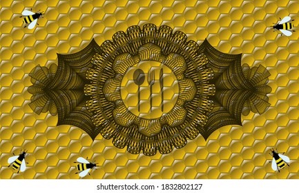 Linear currency decoration cutlery icon inside sweet honey bees badge. beekeeping exquisite background. Artistic illustration. 