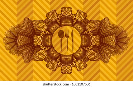 Linear currency decoration cutlery icon inside abstract orange realistic emblem. Geometric exquisite background. Intense illustration. 