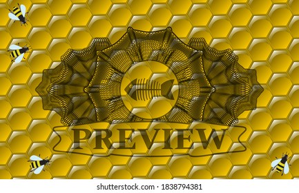 Linear currency decoration dead fish icon and preview text honey bees realistic badge. beekeeping chic background. Intense illustration. 