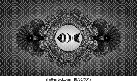 Decoración de moneda lineal ícono de pez muerto dentro de la insignia abstracta negra. Fondo elegante del patrón. Ilustración intensa. 