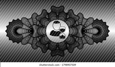 Linear currency decoration delayed icon inside carbon fiber badge. Polymer texture graceful background. Intense illustration. 