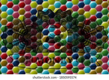 Linear currency decoration delayed icon and Money text Colorful realistic badge. Hexagon handsome background. Artistic illustration. 