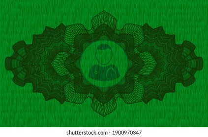 Linear currency decoration Doctor icon inside green sod grass realistic badge. Eco luxurious background. Artistic illustration. 