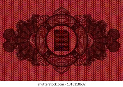 Lineare Währungsdekoration Dokument Symbol in Red Wolle Gewebe realistische Emblem. Stoff auf würdevollem Hintergrund. Intensive Illustration. 