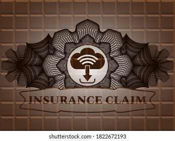 Linear currency decoration download icon and Insurance Claim text chocolate bar realistic emblem. Brown classic background. Illustration. 
