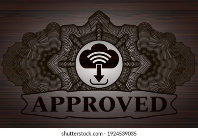 Linear currency decoration download icon and Approved text wooden realistic badge. Brown delicate background. Illustration. 