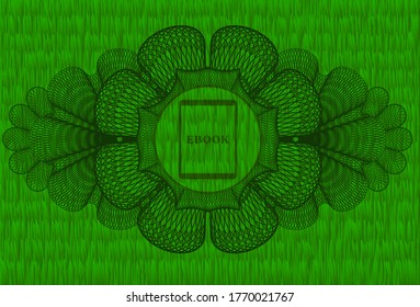 Linear currency decoration Ebook icon inside green grama grass emblem.   Eco fancy background. Illustration. 