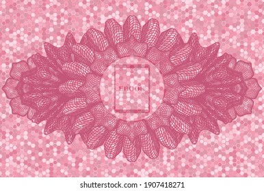 Linear currency decoration Ebook icon inside pink tile mosaic style realistic badge. Geometric hexagon classic background. Artistic illustration. 