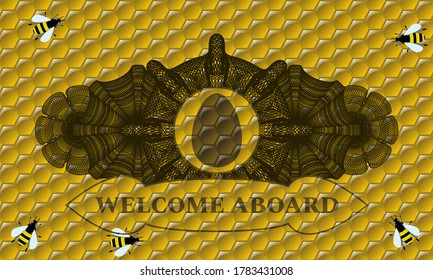Linear currency decoration egg icon and WELCOME ABOARD text honey bees emblem. beekeeping handsome background. Intense illustration. 
