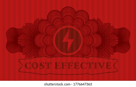 Linear currency decoration Energy icon and Cost effective text red color realistic badge. Bars handsome background. Intense illustration. 