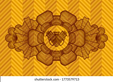 Icono de motor de decoración de moneda lineal dentro de la placa de color naranja. Fondo geométrico de moda. Ilustración vectorial. 