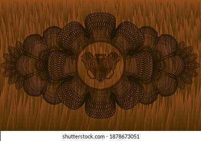 Linear currency decoration engine icon inside Brown fur realistic badge. Pet handsome background. Illustration. 
