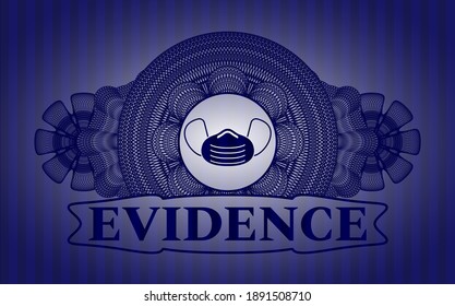 Lineare Währungsdekoration Gesichtsmaske Symbol und Evidence Text Blau Farbe realistische Emblem. Bars, zarter Hintergrund. Vektorgrafik. 