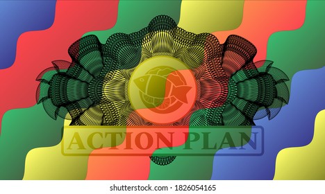 Linear currency decoration fish dish icon and ACTION PLAN text Colorful candy emblem. Curvy delicate background. Intense illustration. 