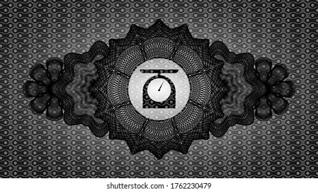 Linear currency decoration food scale icon inside black abstract badge. Pattern fancy background. Intense illustration. 