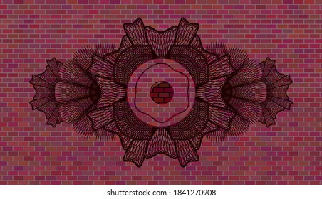 Linear currency decoration fried egg icon inside brick stone wall badge. Tiles handsome background. Vector illustration. 