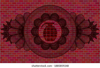 Linear currency decoration grenade icon inside red brick stone wall emblem. Tiles classic background. Intense illustration. 