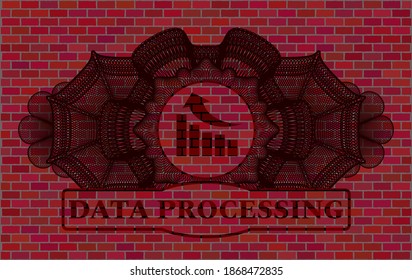 Linear currency decoration growth graph icon and Data processing text brick stone wall realistic emblem. Tiles chic background. Vector illustration. 