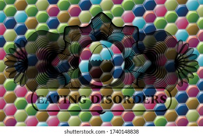 Decoración lineal de la moneda de un ícono de huevo hervido duro y trastornos de la alimentación texto emblema colorido realista. El origen del hexágono es delicado. Ilustración intensa. 