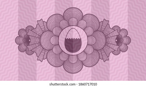 Linear currency decoration hard boiled egg icon inside pink wavy badge. Curve classic background. Vector illustration. 