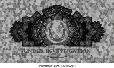 Linear currency decoration horseshoe icon and Under Investigation text grey color stone wall badge. Rock handsome background. Artistic illustration. 