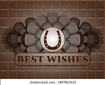 Linear currency decoration horseshoe icon and Best wishes text chocolate realistic badge. Brown handsome background. Artistic illustration. 