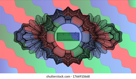 Linear currency decoration keyboard icon inside Colorful candy realistic emblem. Curvy exquisite background. Illustration. 