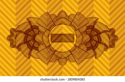 Linear currency decoration keyboard icon inside orange color realistic badge. Geometric luxurious background. Vector illustration. 