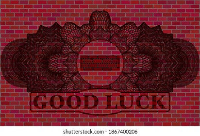 Linear currency decoration keyboard icon and Good luck text red brick stone wall realistic emblem. Tiles exquisite background. Vector illustration. 