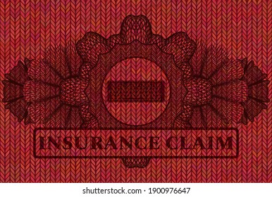 Linear currency decoration keyboard icon and Insurance Claim text Red color woolen fabric realistic emblem. Cloth classic background. Intense illustration. 